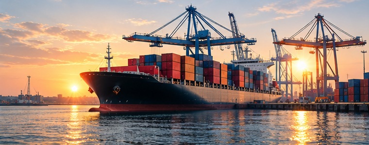 Container ship at a port at sunset