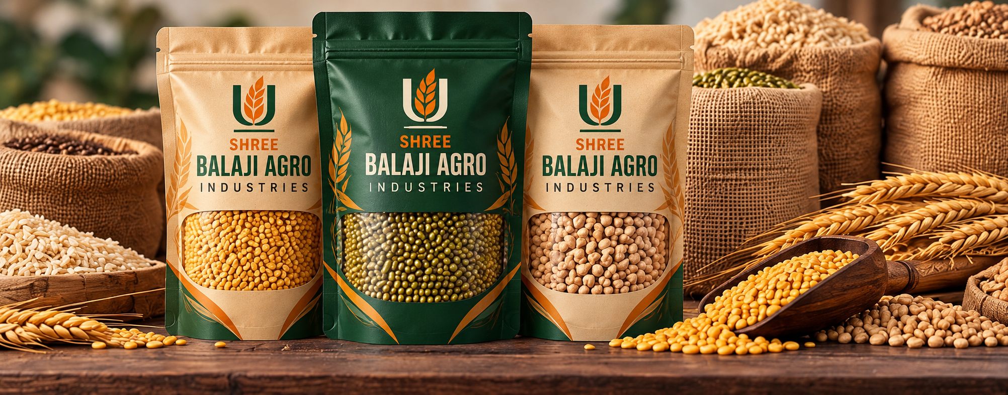 Shree Balaji Agro branded pouches of pulses beside jute sacks